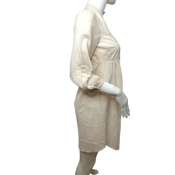 H&M Women’s Mini Dress 2 Peach Button Down 3/4 Sleeve Roll Tab Band Collar VNeck - Picture 2 of 14